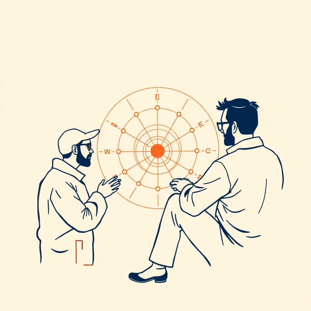 Editorial illustration of engineers in conversation